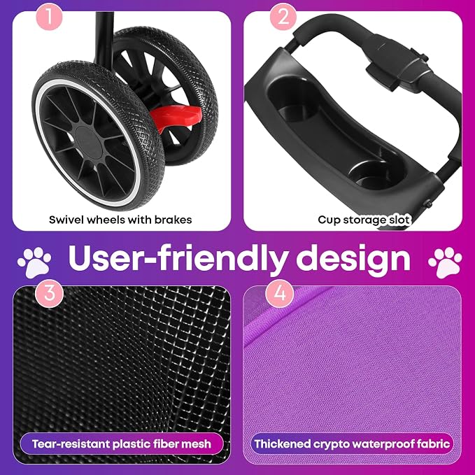Pet Stroller,Dog Stroller for Small Medium Dogs Cats,3 Wheels,Purple | Foldable,with Breathable Mesh Canopy,Cup Holders,Easy Assembly