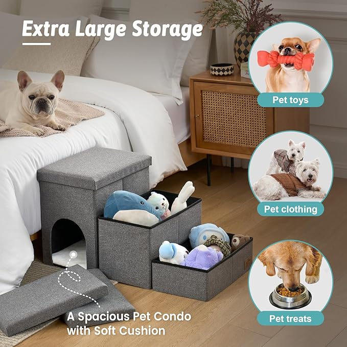 Dog Stairs with Storage, 3-Step Wider Sturdy Dog Steps for Small/Medium/Large Dogs and Older Cats, Doggie Ramp with Condo for Bed/Couch/Car Hold Up to 180 lbs (17.7" H, Grey)