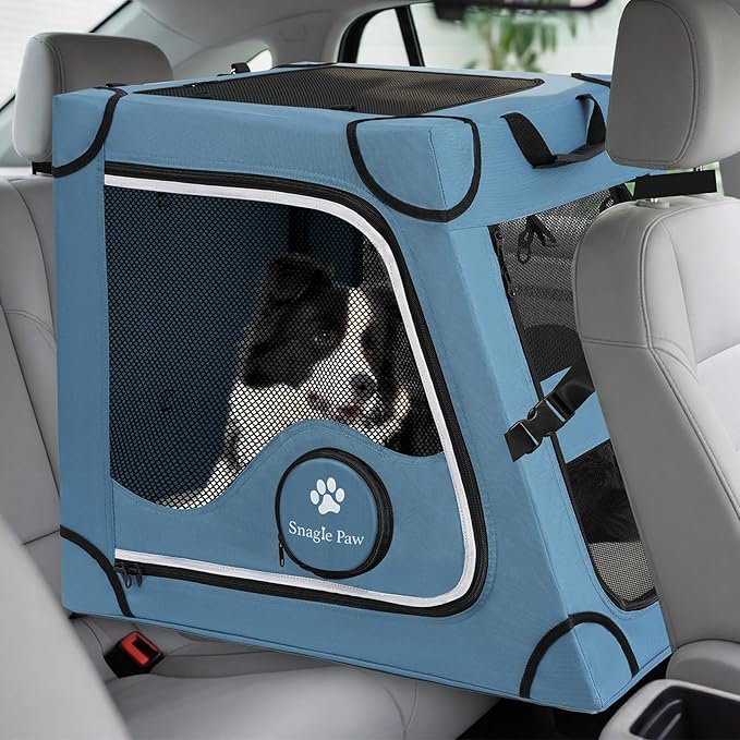 Snagle Paw Portable Dog Crate for Car Travel,Metal Frame Pet Crate,Pet Carrier for Car Back Seat Secures with Headrest Strap and Seatbelt,L