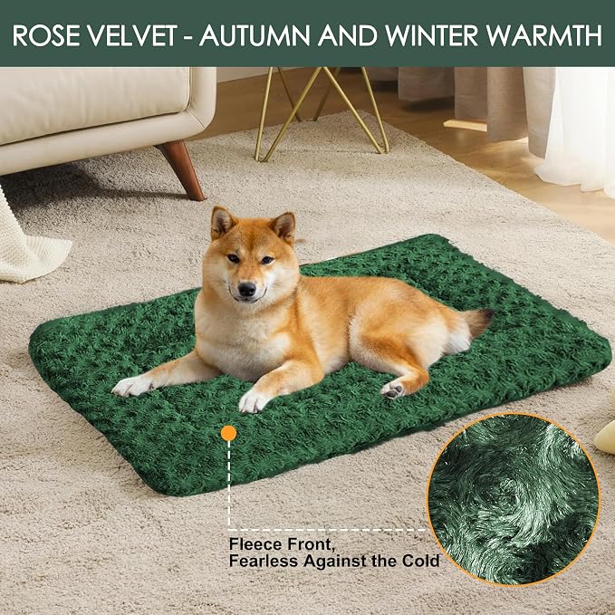Washable Dog Bed Plush Orthopedic Outdoor Crate Mat with Non-Slip Bottom,Luxe Soft Kennel Pad for Pets,Cozy Cage Cushion & Pet Sleeping Mattress Large Sized,Medium,Small Dogs,30 x 20 inch,Green