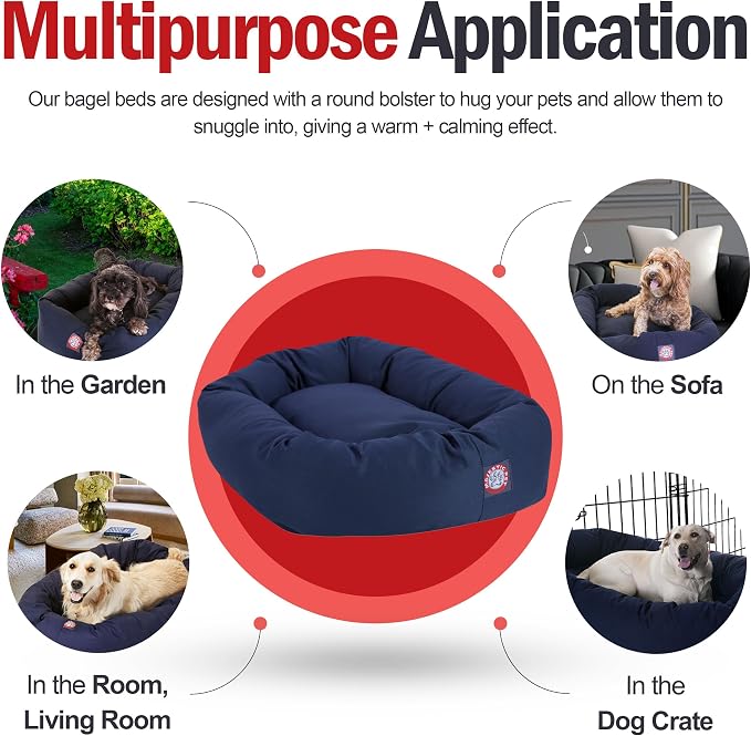 Majestic Pet Bagel Calming Dog Bed, 40 Inch Large, Round, Washable, Blue | Cozy Soft Fluffy Donut Pet Bed with Spine Support for Head Rest – Anti-Anxiety Comfort for Puppies & Dogs, 40x29x9 Inches