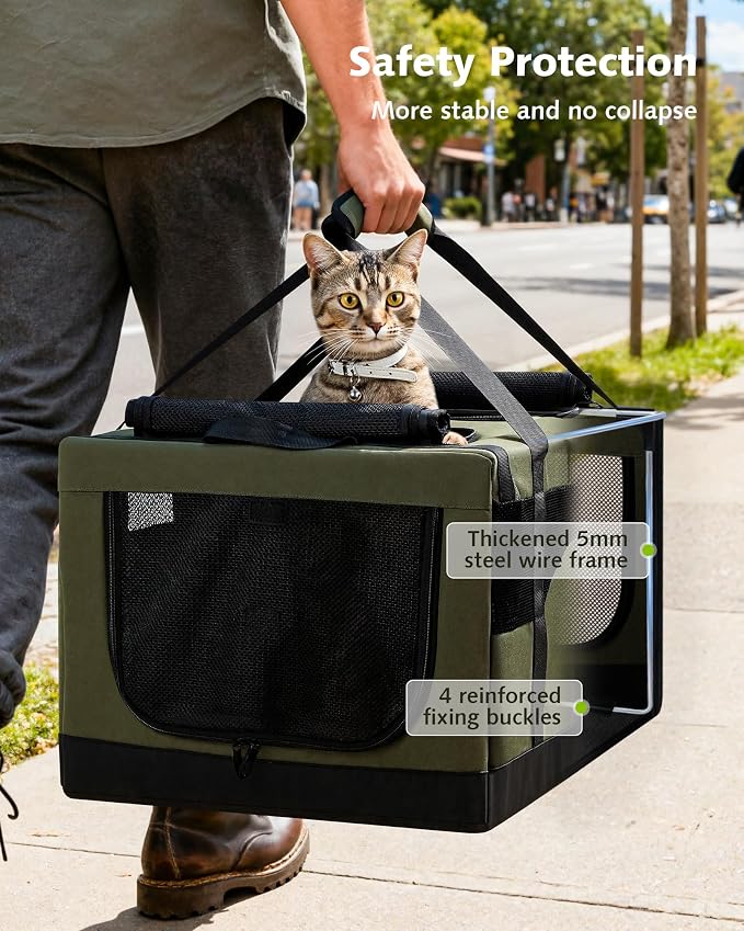 Pecute Cat Carrier, Soft Double Pet Crate for 2 Cats Travel, Green | 5mm Anti-collapse Frame, Convertible Dual Space, Foldable, Polyester Breathable mesh, Up to 26 lbs, Car Travel & Vet Visits