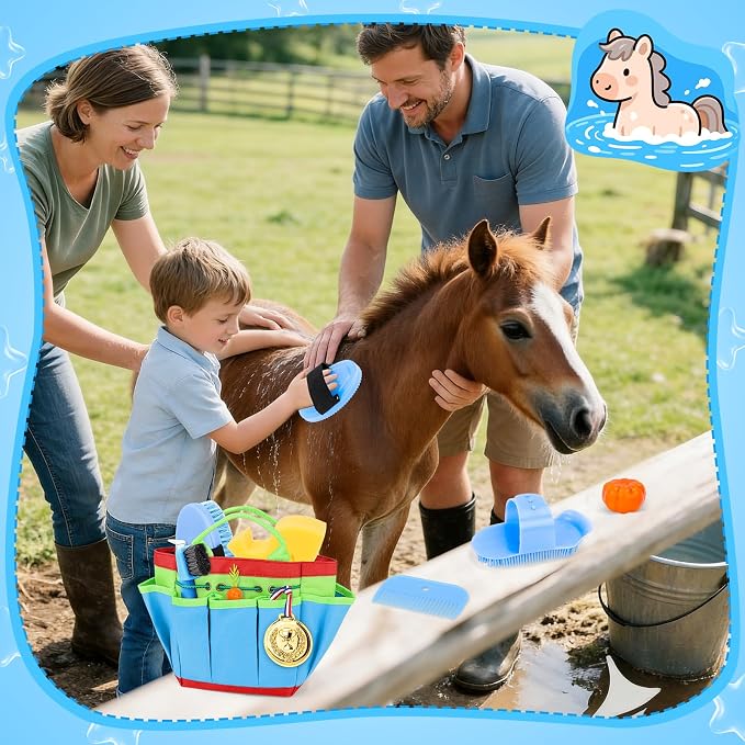 deAO Horse Grooming Brush Kit 12Pcs Horse Tack with Tote Bag,Care Tool,Blue | Realistic Horse Cleaning Playset,Includes Gloves,Tail Comb,Body Brush,Gift for Horse Riders Beginners,for Boys Girls Ages3+