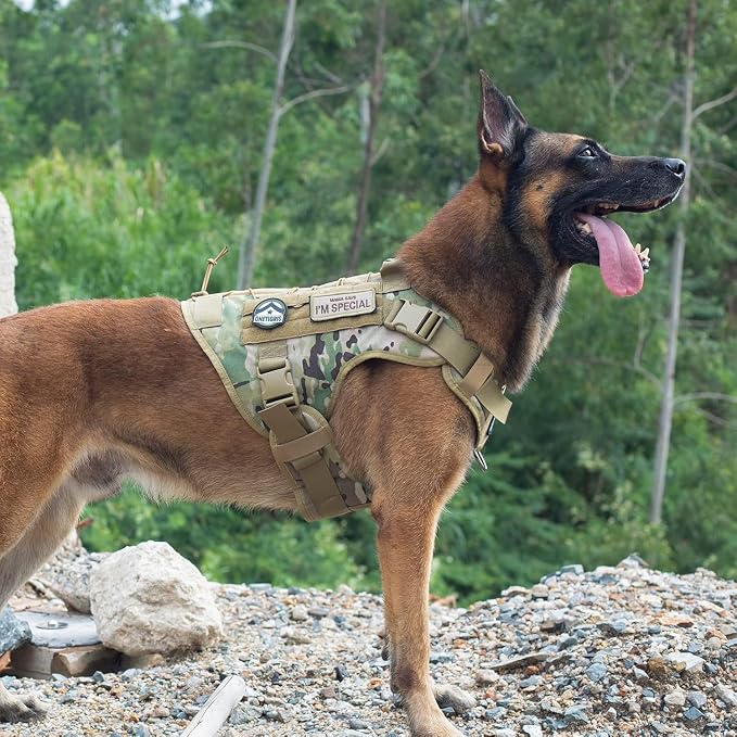 OneTigris Tactical Dog Harness with Handle No-Pull Adjustable for Large Dog | Military 1000D Pullable Nylon, Service Dog Vest with Hook & Loop Panels, Easy On & Off for Walking Hiking Training Camo XL