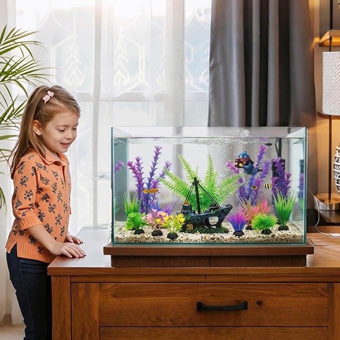 Ameliade Fish Tank Decor Set with Shipwreck Decoration, Little Diver Floating & 13 Aquatic Artificial Plants - Betta Plants & Hiding Spots for Aquariums and Small Fish Tank Accessories