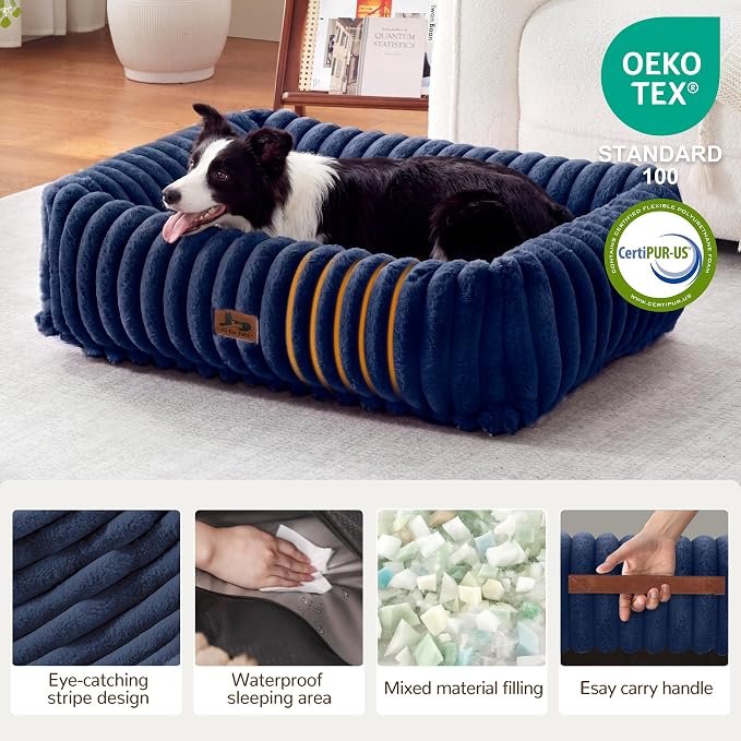 Dog Beds Large Sized Dog,Rectangle Orthopedic Pet Bed for Large Dog, Comfort Fluffy Memory Foam Dog Beds with Anti-Slip Bottom,35 x25 x9 Inches,Navy