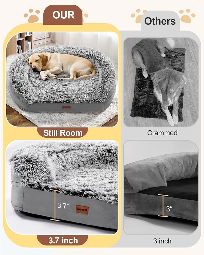 iweepet Fluffy Calming Jumbo Orthopedic Dog Beds for Extra Large Dogs, Supportive Dog Sofa Bed with 3.7 inch 28D Egg-Crate Foam, Removable Washable Plush Cover, Waterproof Lining, 48’’,Grey