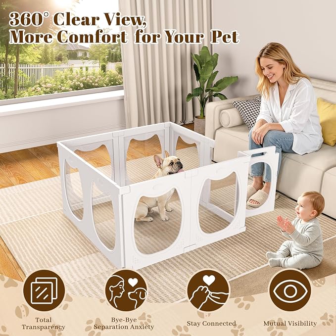 Clear Acrylic Dog Playpen Indoor with Toy & Door (24" H, 8 Panels, White) | Transparent Puppy Playpen for Dogs, Cats, Rabbits or Small Pets, Indoor Modern Dog Play Pen for Home, Easy Clean & Assemble