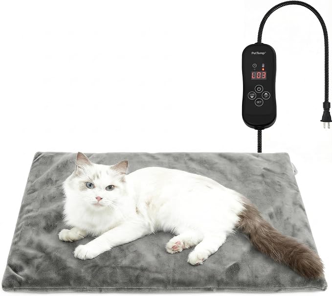 Cat Heating Pad, Heated Cat Bed with 5 Heat Levels, Timer & Auto Shut-Off, Waterproof Warmer with Thick Fleece Cover, Chew-Resistant Cord, for Indoor & Sheltered Outdoor Use (Gray, Small)