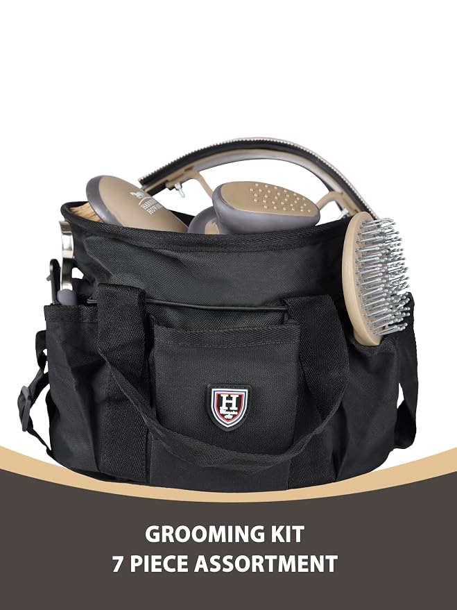 Harrison Howard Horse Grooming Brushes Kit 7 pieces with Organizer Tot Equine Care Series Horse Brush Sets Black