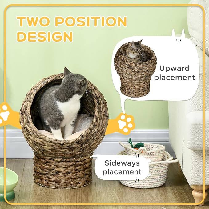 PawHut Handwoven Elevated Cat Bed for Indoor Cats 20" H Gray | Soft Cushion & Egg Chair Shape, Basket Bed Kitty House with Stand, Raised Wicker House