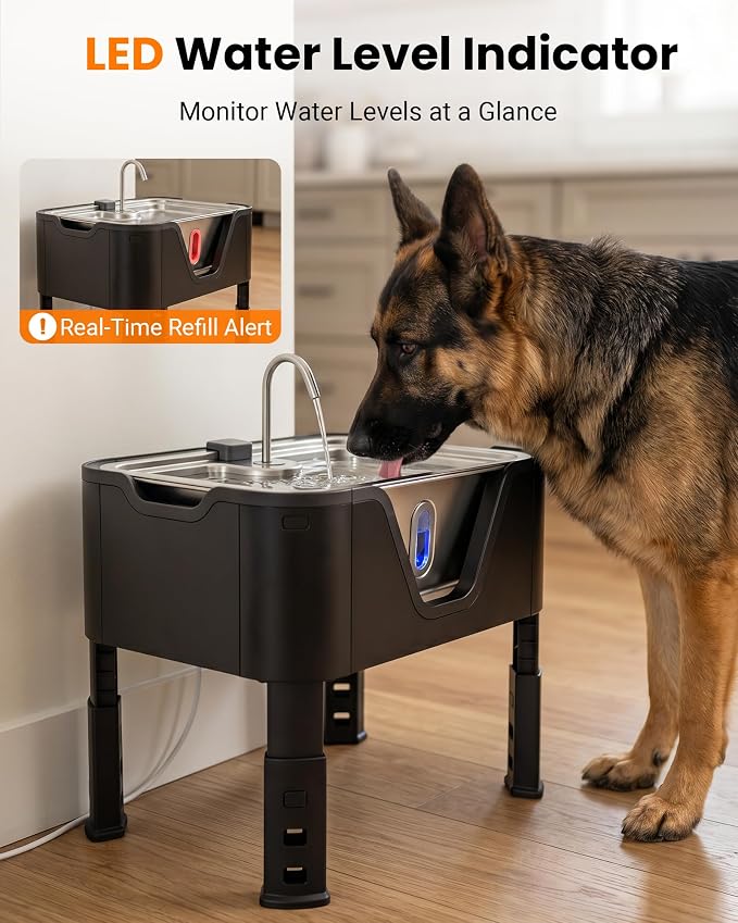 3.17Gal/ 12L Large Dog Water Fountain Elevated Dog Bowls with 3 Filters | 3-Height Adjustable Dog Water Bowl Dispenser, Quiet Stainless Steel Pet Water Fountain for Multi-Pet, Water Level Alert