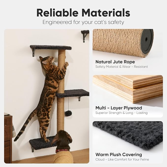 FUKUMARU Cat Wall Shelves, 4 in 1 Set, Grey | Stable & Safe Cat Walls Furniture, Wooden Kitten Climbing Wall with Scratching Post for 16 Inch Drywall