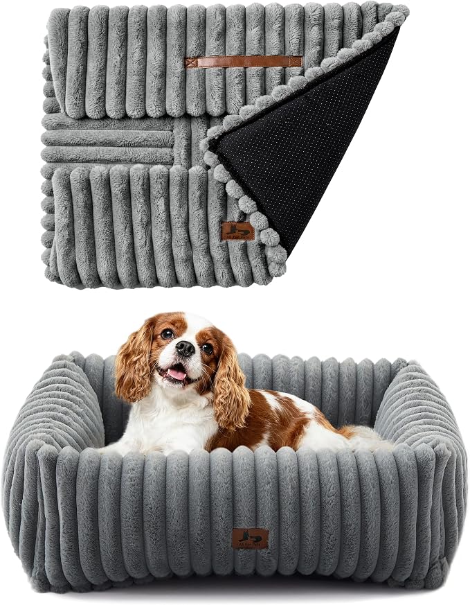 Washable Dog Bed Small Medium Size Dog, Rectangle Orthopedic Pet Bed for Car and Indoor,Fluffy Memory Foam Dog Beds with Anti-Slip Bottom,Grey(25x21x7inchs)
