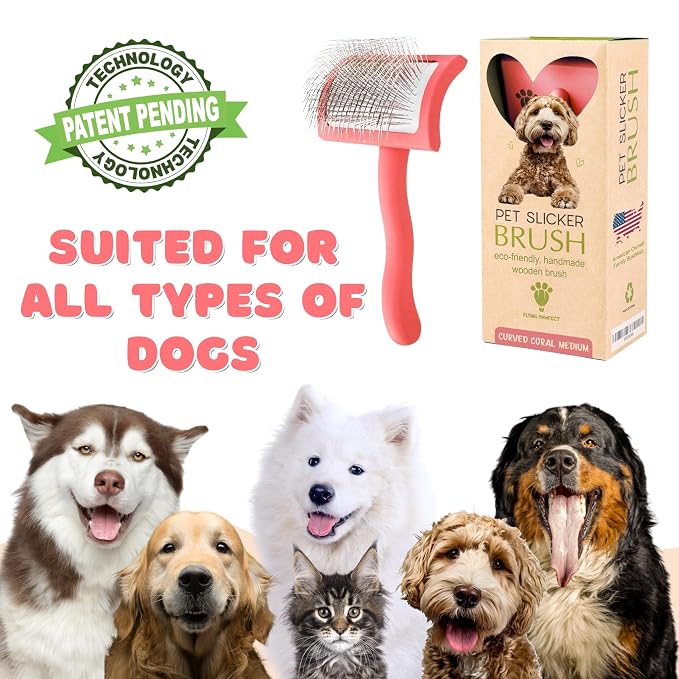 Slicker Brush for Dogs - Long Pin for Poodles, Doodles & Long Haired Dogs, Deshedding & Dematting Tool, Slicker Dog Brushes for Grooming (Coral, Curved Medium)