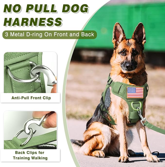 Tactical Service Dog Vest Harness and Leash Set,Heavy Duty Dog Harness with Metal Buckles for Large Dogs,Adjustable No Pull Pet Vest with 10 Patches,for Training Working Hiking,Green XL