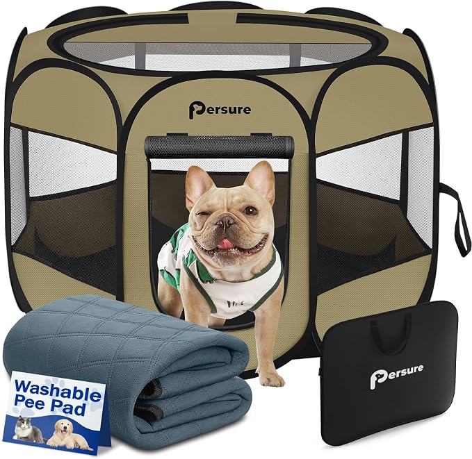 Persure Dog Cat Pet Playpen Puppy Crate Cage for Indoor Outdoor Travel | Nursing Rest Zone Recovering Pet Quarantine Room Portable Pop Up Easy to Set up lightweight Bag(Khaki with Pad, Medium)