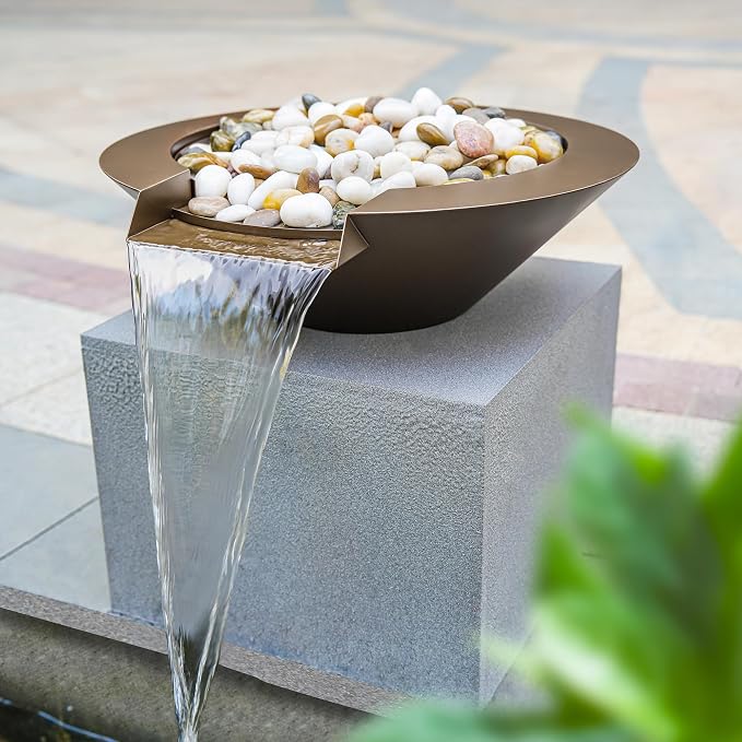 20" Round Garden Water Bowl, Stainless Steel Spilling Water Feature for Outdoor Ponds, and Other Landscaped Areas (Antique Brown Coated)