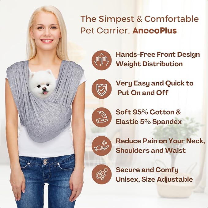 Small Dog Sling Carrier, Hands-Free, Heather Gray, Regular | Patented Front Carrier Reduces Back and Neck Strain; Adjustable, Soft Cotton, 3D Air Mesh for Puppies & Cats up to 20 lb