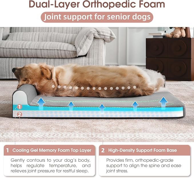 Gel Memory & High-Density Foam Orthopedic Dog Bed 44x32x7.5 Large | | Double Waterproof Cover | Machine Washable | Non-Slip Base | Fur-Resistant Tech Fabric|