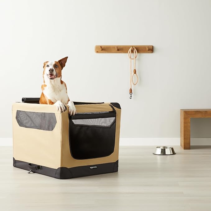 Amazon Basics Portable Folding Soft Dog Crate for Cat, Dog, Rabbit, Double Door with Mesh Ventilation, Collapsible, Easy to Set Up, Large 36" x 24" x 24", Tan