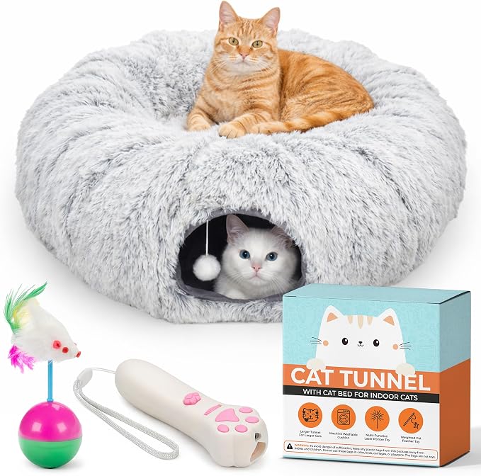 WiskaDen XL Plush Cat Tunnel Bed with Toy and Elderly Feline Access. 3-in-1 Light Grey Fluffy Donut Cushion. Circle Tube for Indoor Cats Leisure, Hiding Spot, Dog Bed, or Rabbit Cave