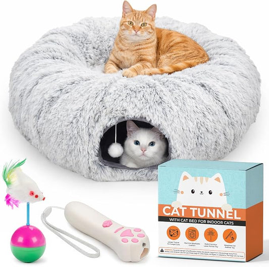 WiskaDen XL Plush Cat Tunnel Bed with Toy and Elderly Feline Access. 3-in-1 Light Grey Fluffy Donut Cushion. Circle Tube for Indoor Cats Leisure, Hiding Spot, Dog Bed, or Rabbit Cave