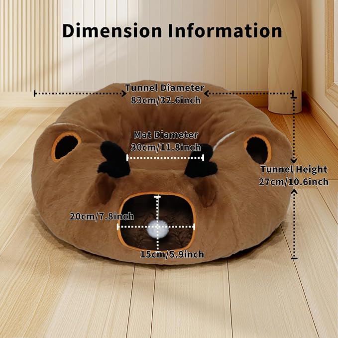 Cat Tunnel Bed for Indoor Cats with Washable Cushion Cat Cave Donut Tunnel with Fluffy Ball Big Round Tube Pet Playground Toys Soft Plush Peekaboo for Kitten, Cat, Puppy, Rabbit, Ferret（Deer）