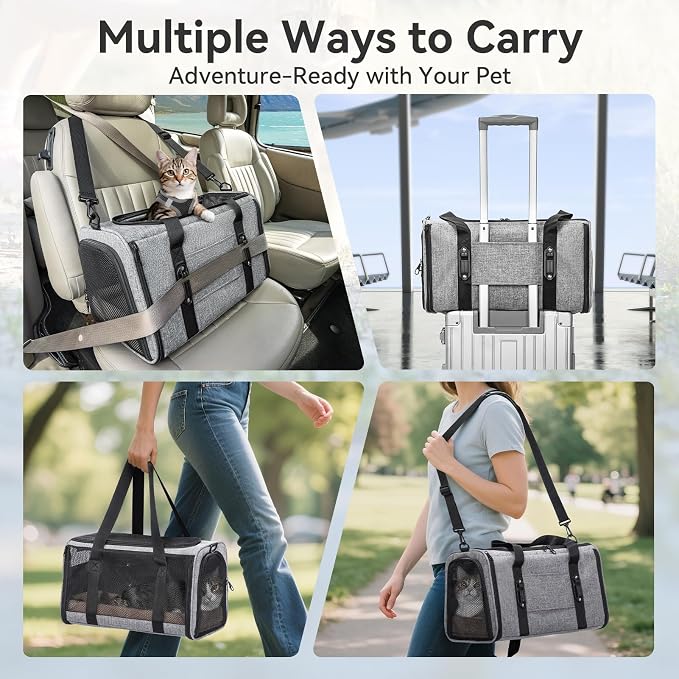 PETSFIT Cat Carrier Soft with Patented Safety Buckles,Safe for Car Travel | Lockable Zippers, Safety Tether, Escape-Resistant Pet Carrier for Vet Visits, Airline Approved Under-Seat, Up to 12 lbs