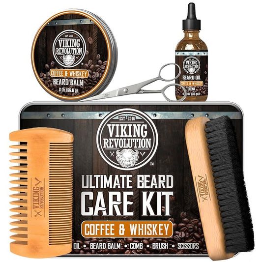Viking Revolution Ultimate Beard Kit - Coffee Whiskey, 5 Pcs with Metal Box | Richly Scented Coffee Whiskey Products - Includes Beard Brush, Beard Comb, Beard Balm, Beard Oil and Moustache Scissors