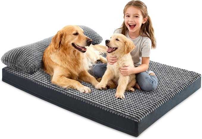 KISYYO Orthopedic L Dog Beds for Large Dogs with Removable Washable Cover and Removable Pillow for Crate,Waterproof Extra Large Dogs Mat, Grey, 35x23