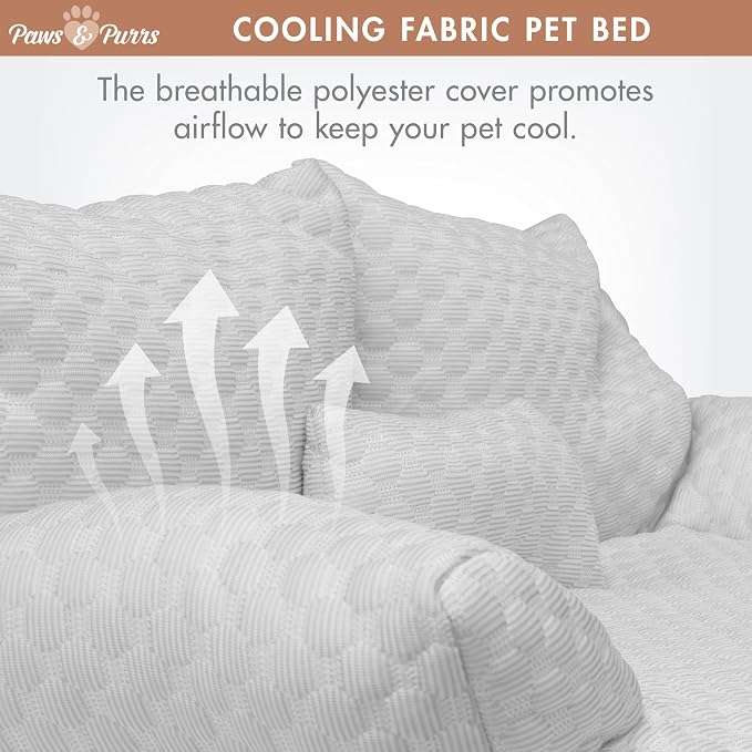 Paws & Purrs Cooling Pet Sofa Bed for Small Dogs or Cats, Breathable Fabric, Supportive Bolsters, Removable Washable Cover, Non-Slip Base, Sofa Pet Lounger Includes Mini Play Cushion, Light Gray