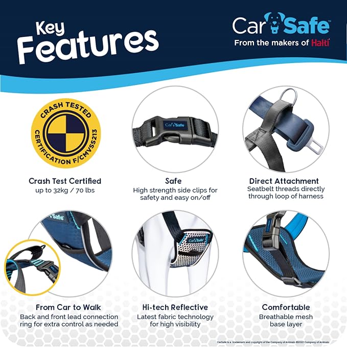 Carsafe Crash Tested Dog Harness Blue X Small | Crash Tested to 32Kg/70lbs, Safely Secure Dog in the Car, Comfortable and Padded Design, for Toy, Small, Medium & Large Dogs