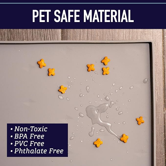 Leash Boss Dog Food Mat – Waterproof Silicone Pet Feeding Mat with Raised Edges for Dogs & Cats, Non-Slip Placemat for Food & Water Bowls, Spill-Proof Floor Protection, Easy to Clean (Grey, Crate)