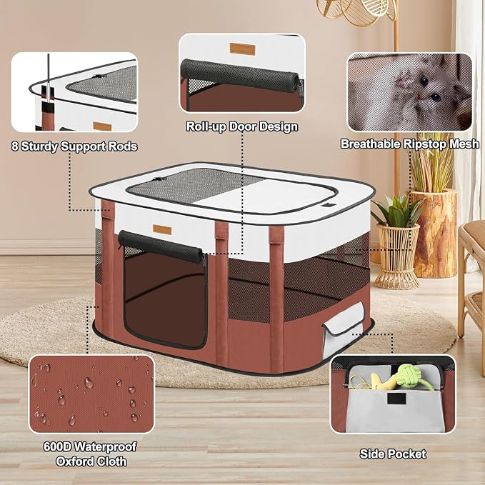 Dog Playpen - Foldable Cat Play Pens for Pubby,Kitten, Rabbit,Portable Pet Tent with Carring Bag for Indoor/Outdoor Travel Camping (Brown-Large)