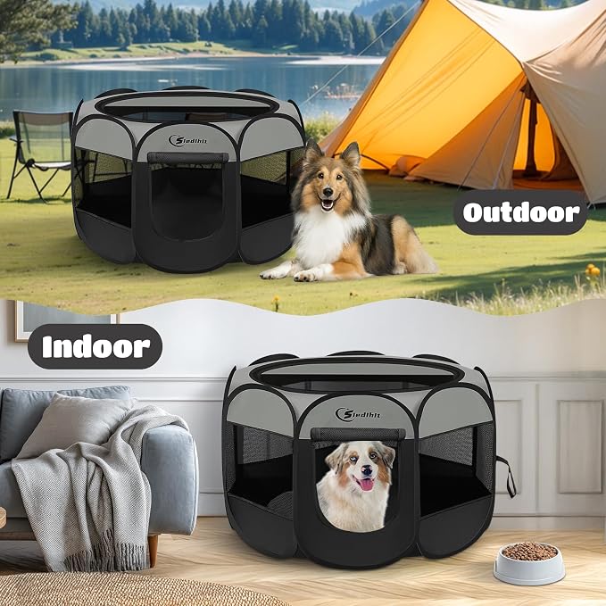 Siedihit Dark Grey Puppy Playpen for Large Dog Cat, Dogs Tent | Crates Cage Indoor/Outdoor, Portable Pop Up Dog Kennel with Carrying Bag for Rabbits(Dark Grey, Large )