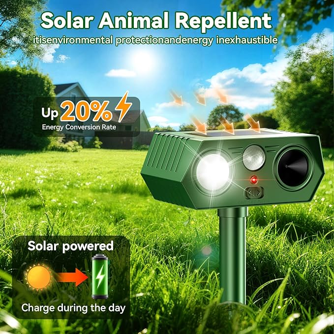 2026 Upgraded Solar Ultrasonic Animal Repeller Outdoor, Waterproof Motion Activated Repellent with Flash Light for Deer Cat Squirrel Raccoon Rabbit Dog Garden Yard (4-Pack)