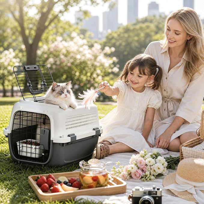 22.5" Hard-Sided Pet Carrier for Small Dogs & Cats, Plastic Cat Carriers | Front & Top Door Access, Ventilation Design, Feeding Bowl Included, for Camping & Trips, for Small Pets up to 26 lbs, Gray