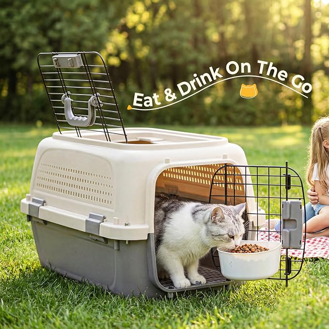 NEWBULIG 23" Hard-Sided Dog Carrier, Plastic Cat & Dog Crate, 4-Sided Ventilation Travel Pet Kennel, Top & Front Door Access, Integrated Food Bowl, for Small Pets up to 22 lbs - Beige & Grey