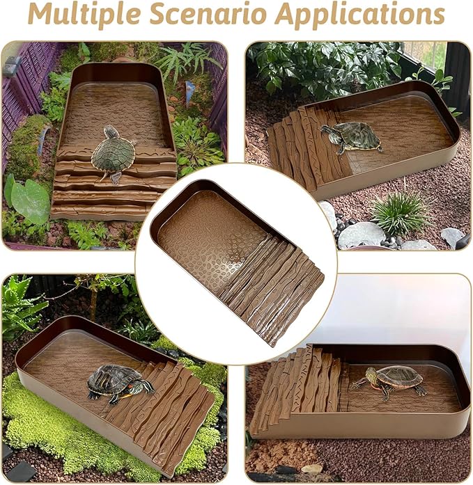 PINVNBY Reptile Bathing Pool Plastic Tortoise Food Dish with Ramp Leaf Reptile Food Dish & Water Bowl Tortoise Habitat Accessories for Frog Lizard Box Turtle (Brown)