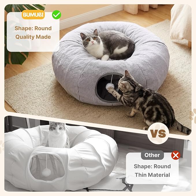 Cat Tunnel Bed for Indoor Cats, 31.5in Round Cat Tunnel for Small Cats | Cat Donut Tunnel with Washable Plush Mat, Collapsible Tunnel Hideplace for Kittens, Squirrels Grey