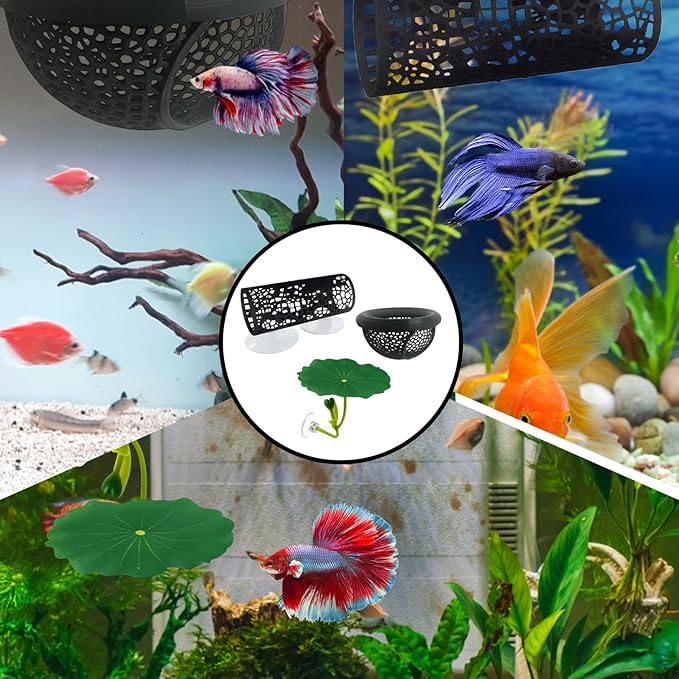 3-Piece Set Fish Tank Decor, Large Black and Small Black Decorations with Lotus, Betta Fish Toys for Aquarium, Beta Hammock for Fish Tank