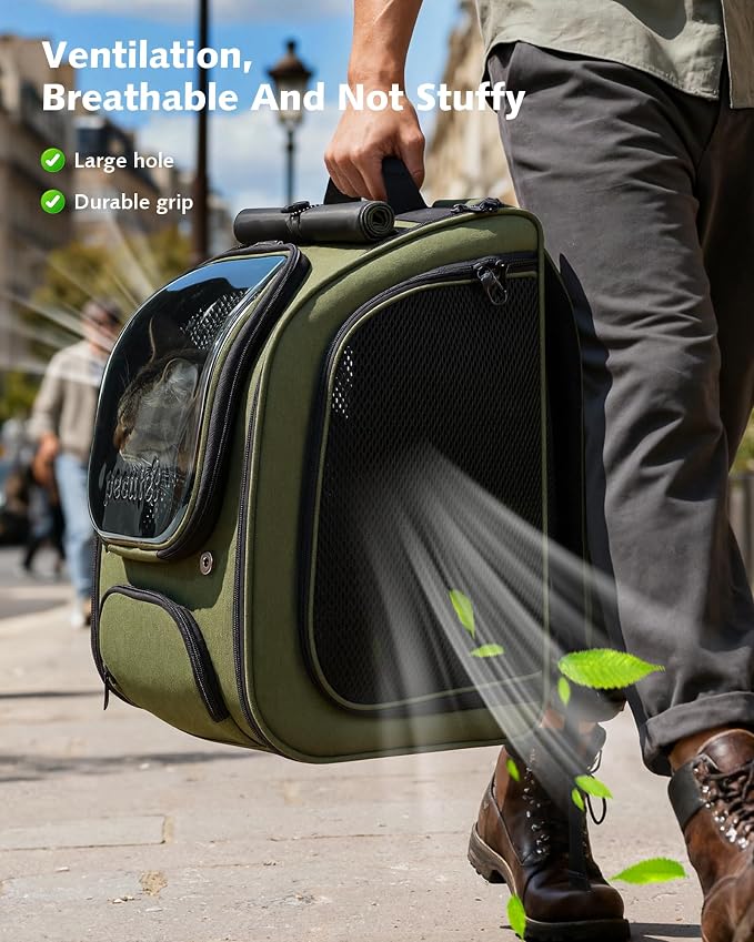 Pecute Cat Backpack Carrier,Large Space Cat Bubble Backpack,Ergonomic,Green | Expandable,Sunshade Curtain,Transparent Window,Safety Rope,Sturdy,Large Mesh on Both Sides for Breathability,for Outdoor,Vet