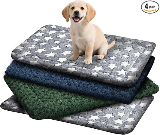 4 Pcs Washable Dog Bed Plush Orthopedic Outdoor Crate Mat with Non-Slip Bottom,Luxe Kennel Pad for Pets,Cozy Cage Cushion&Pet Sleeping Mattress Large Sized,Medium,Small Dogs,24 x 18 inch,Color Blend