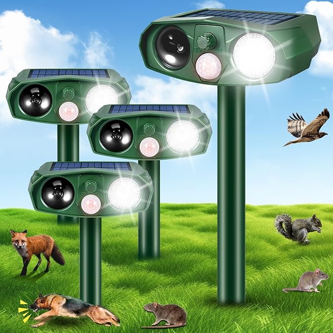 Solar Animal Repellent Outdoor, 4 Pack Ultrasonic Deer Deterrent Devices with Motion Sensor, Garden Deterrent for Cats Squirrels Rabbits Rodents, Waterproof Cat Repellent for Yard