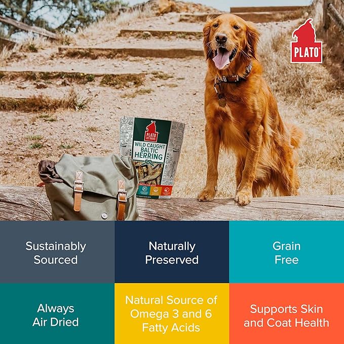 Plato Pet Treats Fish Dog Treats - Air-Dried, Single Ingredient Pet Treat - Omega 3 & 6 Fatty Acids to Support Skin and Coat - 100% Whole Fish - Wild Caught Baltic Herring - 3oz - 2 Pack