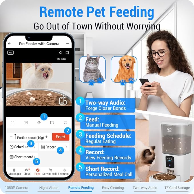 Frienhund Automatic Cat Feeder with Camera: 5G WiFi Automatic Dog Feeder with Night Vision, 7L Auto Cat Food Dispenser with 1080P Camera for Multiple Pet, Detachable for Easy Clean -29 Cup (ACF100W-B)