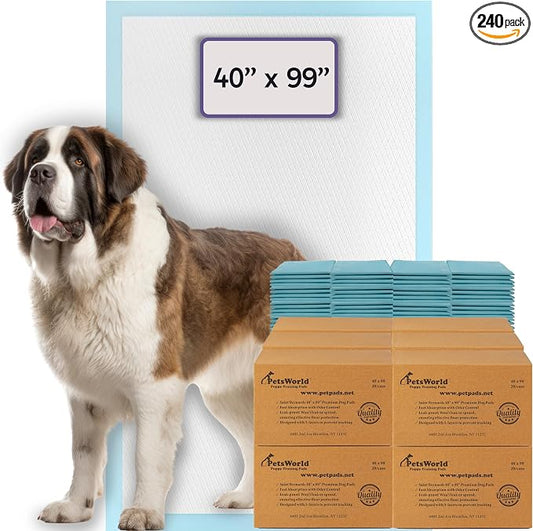 PETSWORLD Mega-Sized Dog Pee Pads (40" x 99") – 4XL Gigantic Pet Piddle Pads for Puppy Training, Incontinence – with Adhesive Sticky Tape – Leak Proof, 5-Layer Protection (240 Count)