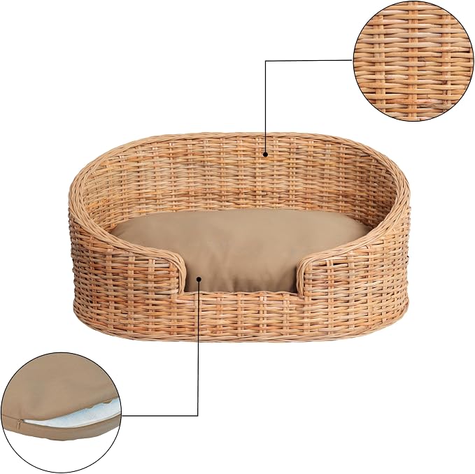 DBD1000B Curvy 28.5" x 17.25" Classic Handwoven Rattan Pet Bed with Machine-Washable Cushion, Light Brown