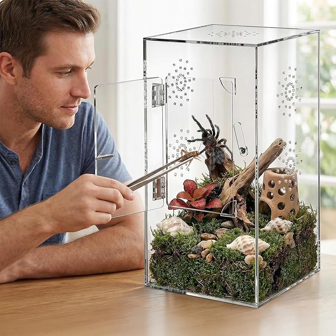 Large Jumping Spider Enclosure, 12x6x6 Inch Acrylic Spider Terrarium, Pre-Assembled Reptile Enclosure with Front Opening Door, Habitat Accessories for Mantis, Tarantula, Snail, Invertebrates